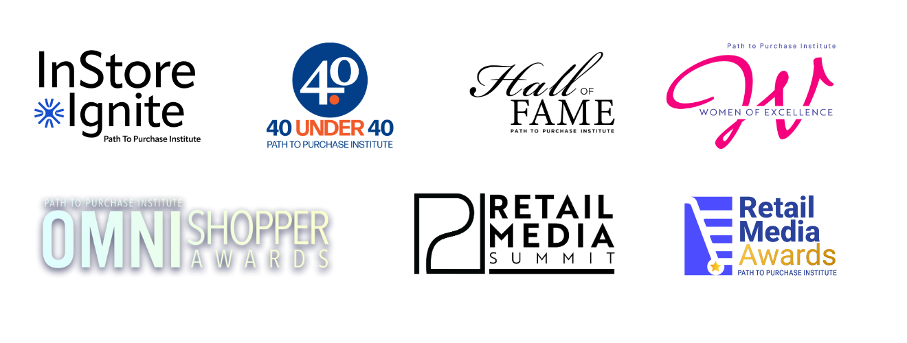 P2PI Event Logos including Hall of Fame, Retail Media Summit, Women of Excellence, Retail Media Awards and more.