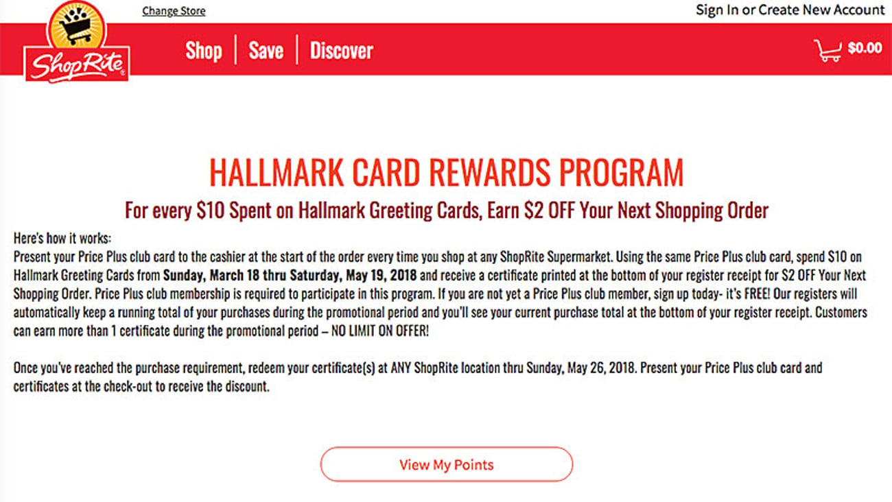 ShopRite Hallmark 'Card Rewards Program' Page