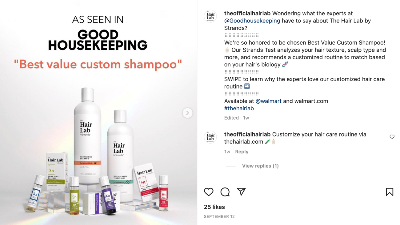 The Hair Lab Walmart 'Best Value Custom Shampoo' Instagram Update