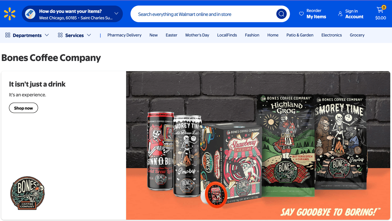 Walmart Bones Coffee Company 'It Isn't Just a Drink' Web Page