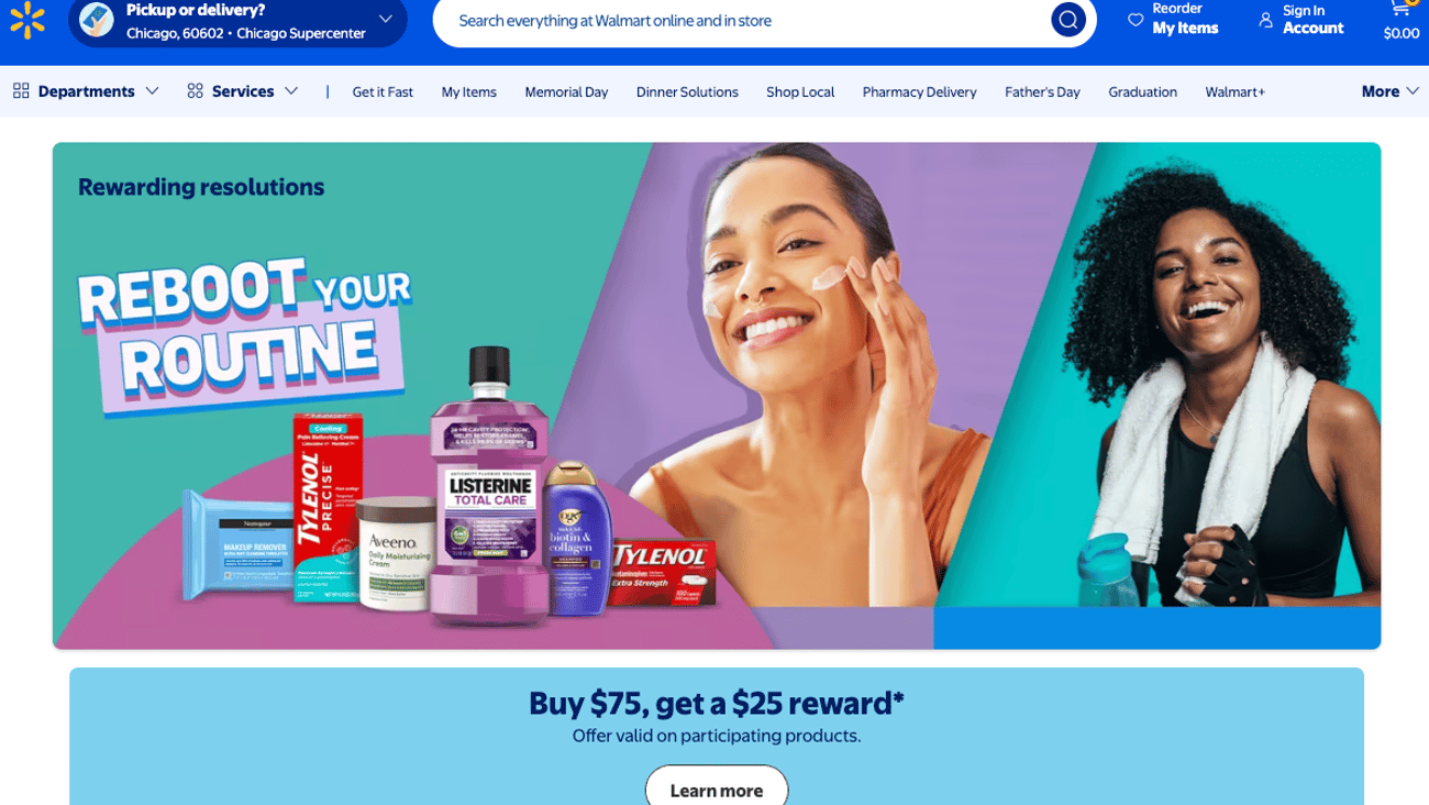 Walmart Kenvue 'Reboot Your Routine' Web Page