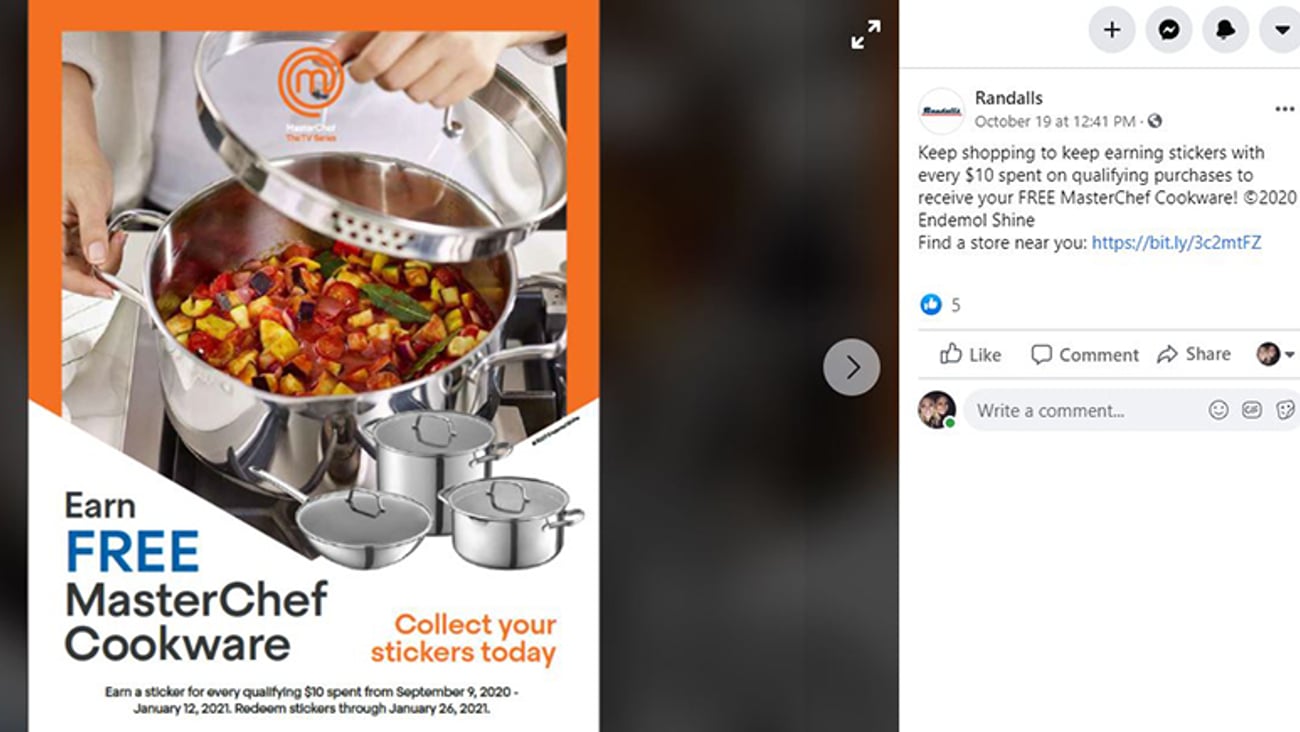 Randalls 'Earn Free MasterChef Cookware' Facebook Update