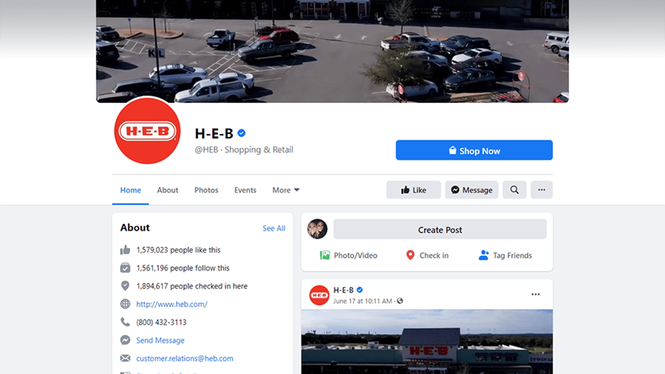 H-E-B Facebook Page, 'Shop Now' Button