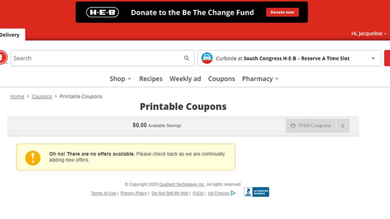 H-E-B 'Printable Coupons' Web Page