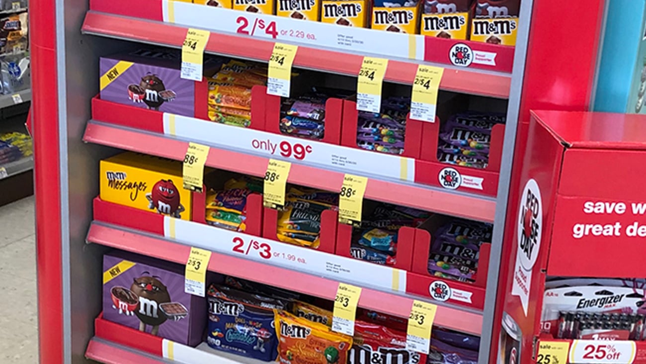 M&M's Walgreens Red Nose Day Endcap