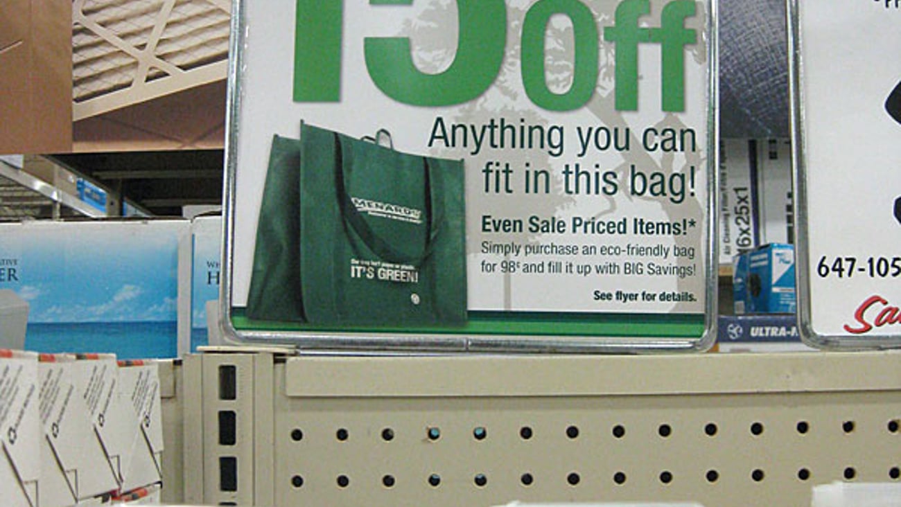 Menards Green Bag Sale Shelf Sign