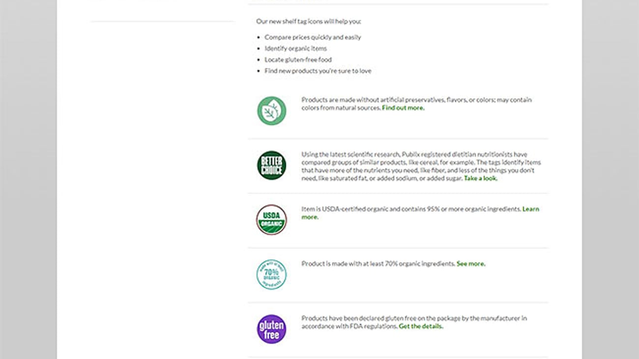 Publix 'Shelf Tags & Icons' Web Page