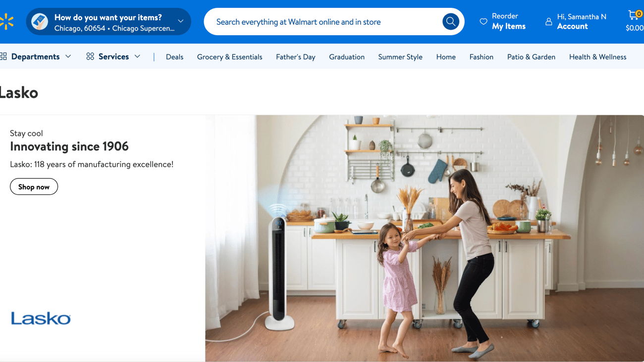 Walmart Lasko 'Stay Cool' Web Page