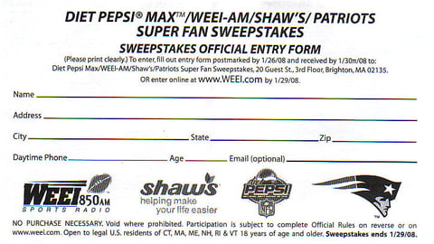 Shaw's 'Patriots Super Fan' Entry Form