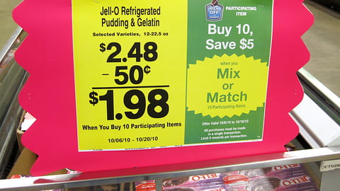 Food 4 Less Jell-O 'Kick Off to Savings' Shelf Sign