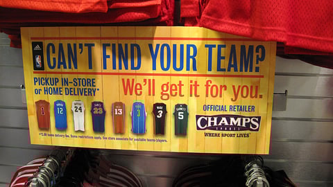 Champs Sports Adidas NBA Shop 'Can't Find Your Team?' Sign