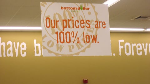 Bottom Dollar '100% low' Signage