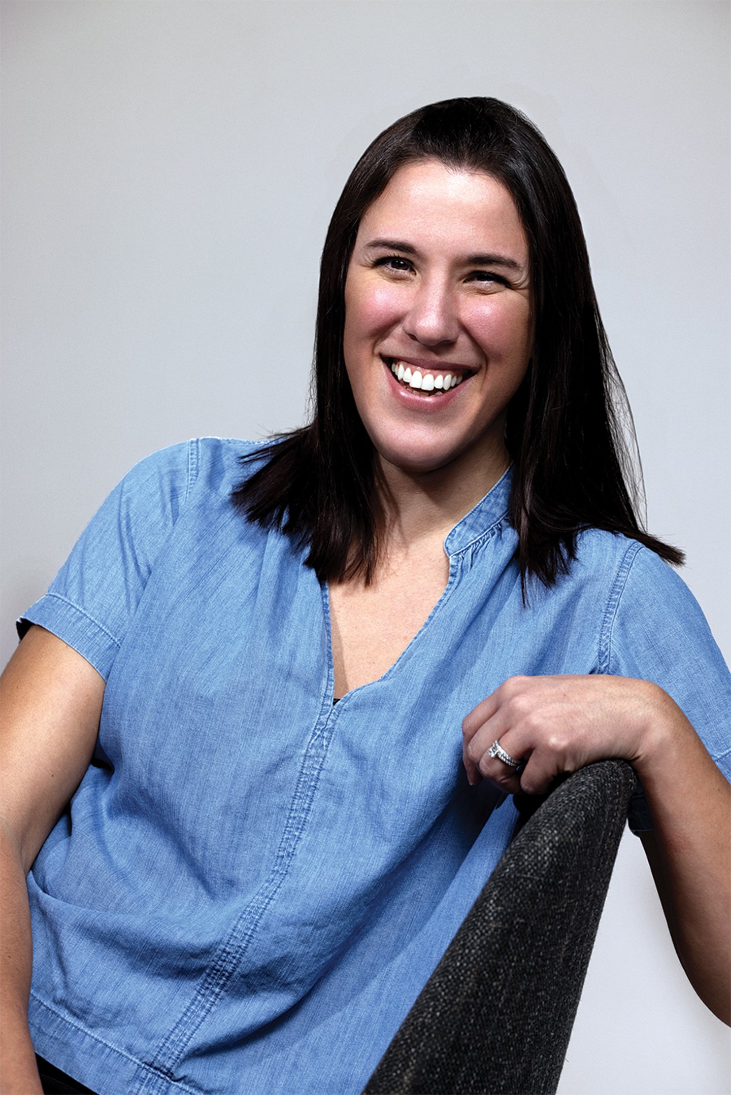 a woman in a blue shirt