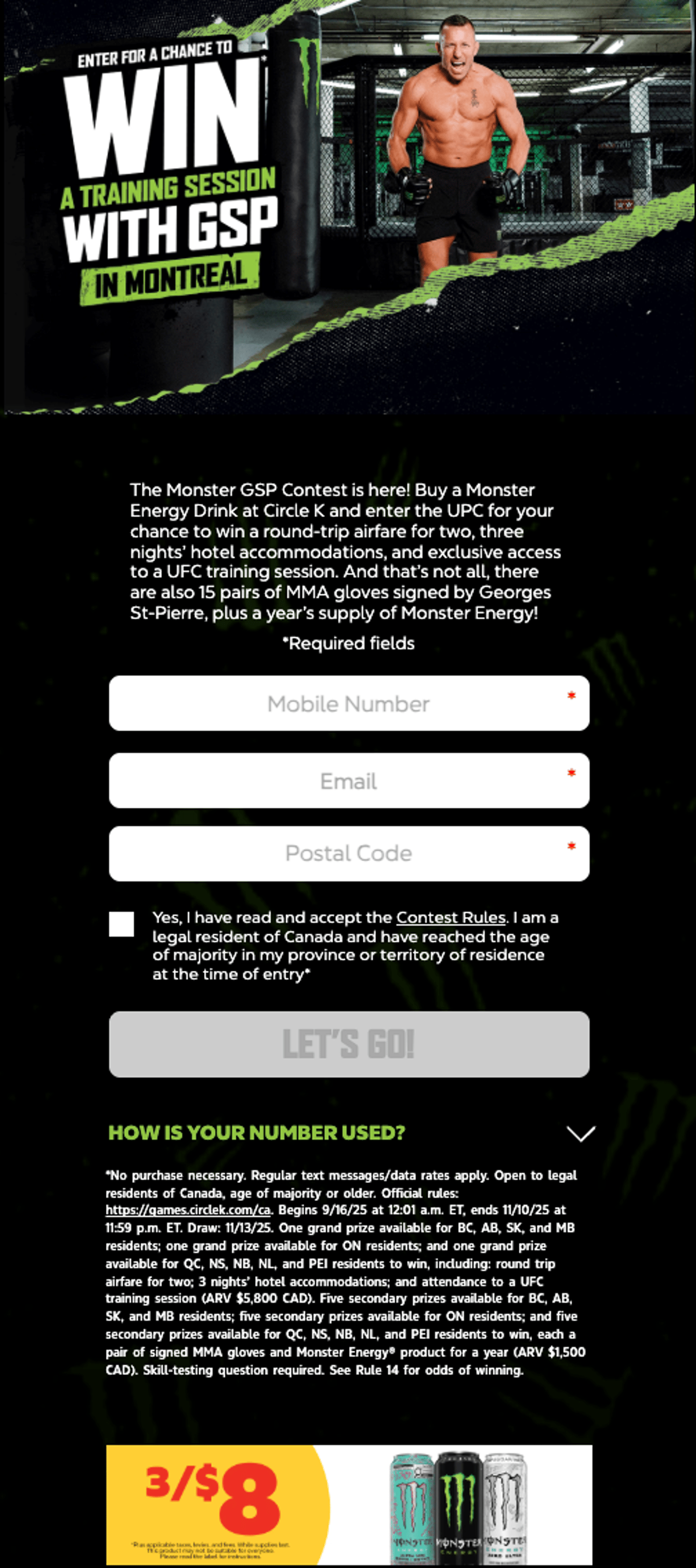Circle K Monster Energy 'Win a Training Session with GSP' Web Page